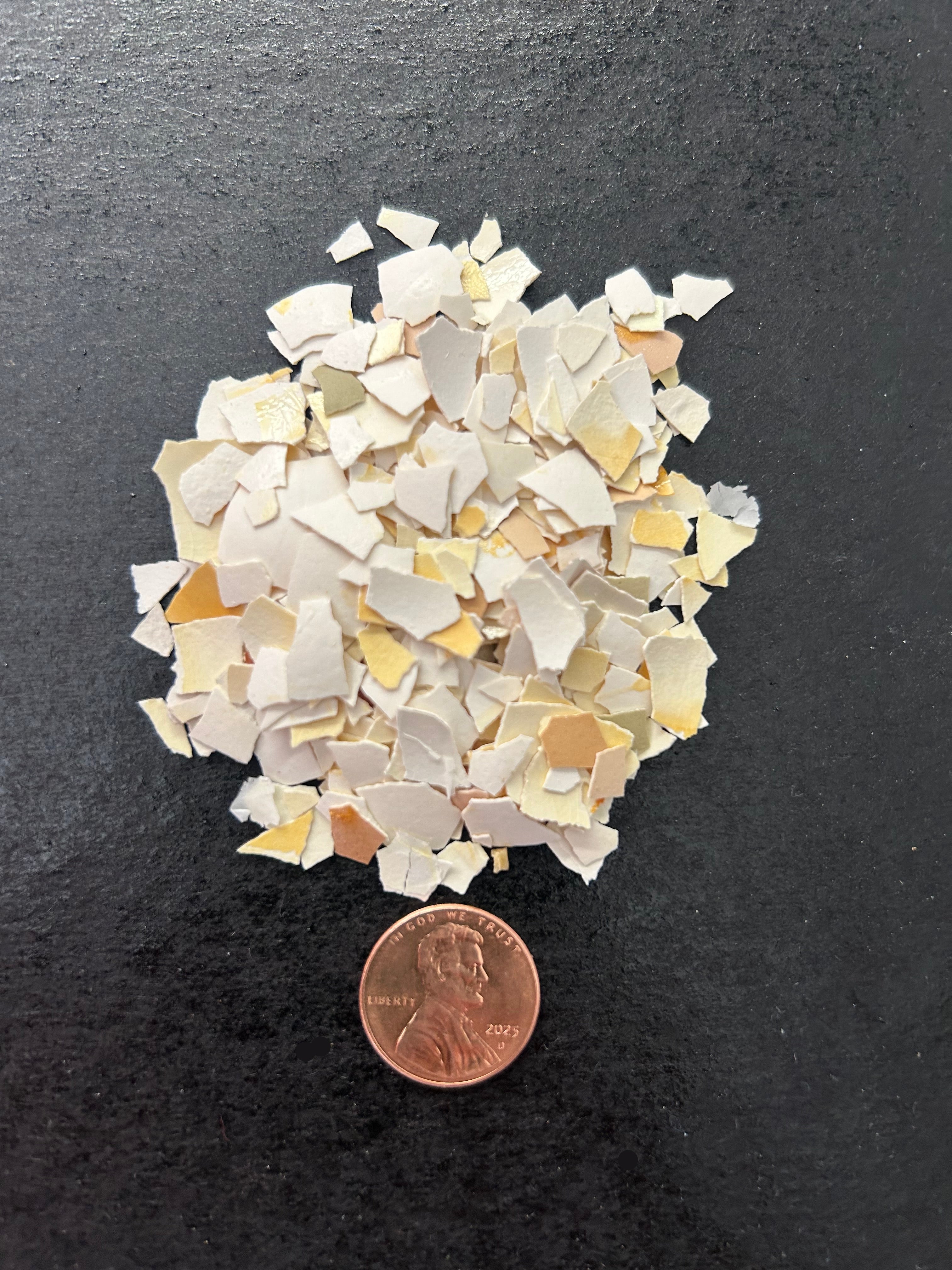 crushed eggshells next to a penny on a dark surface