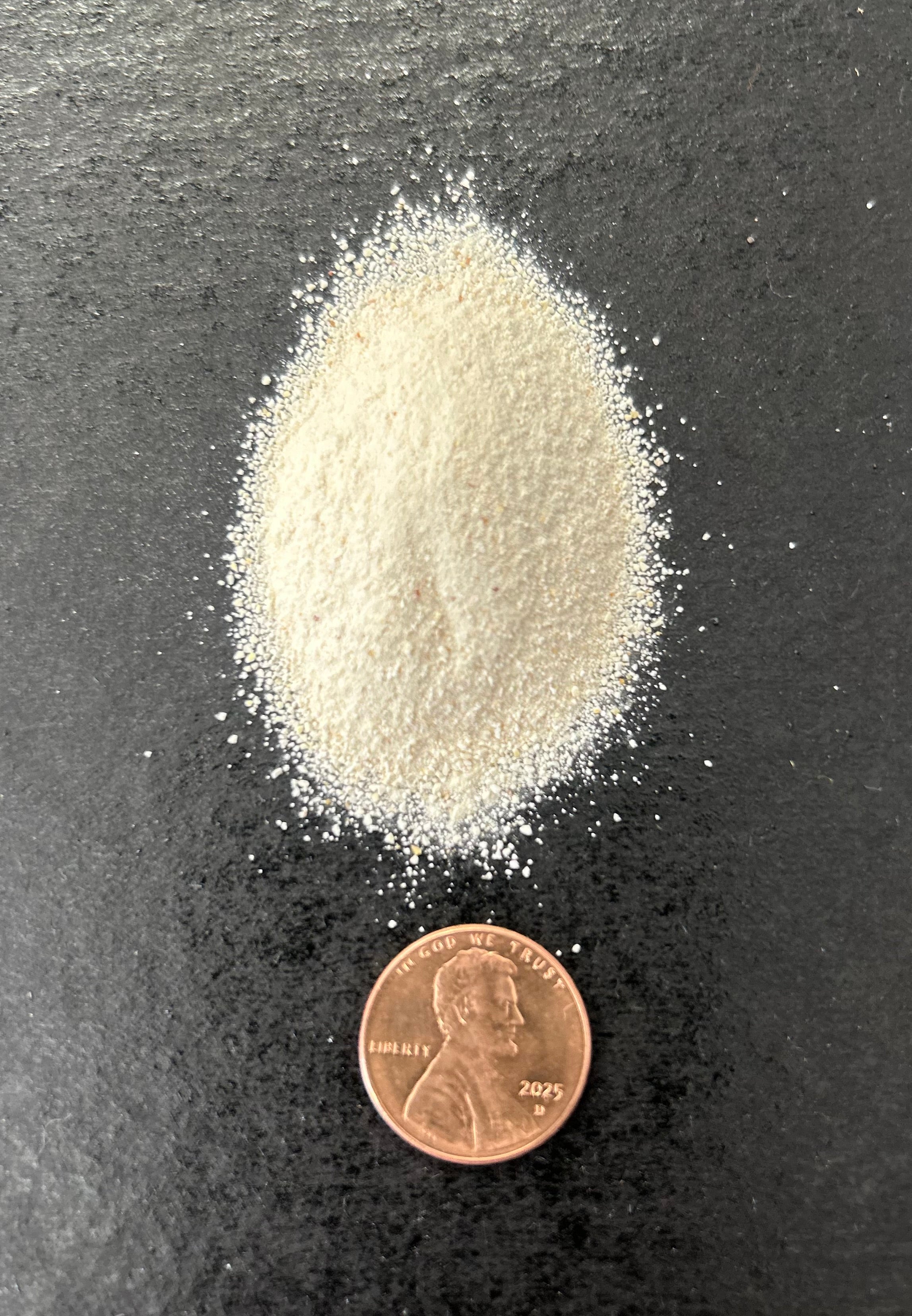 Pile of eggshell powder next to a penny on a dark surface